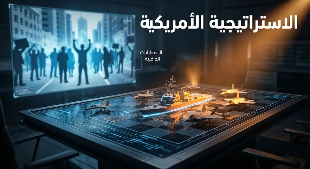 تصميم تعبيري يظهر التركيز الاستراتيجي الأمريكي على الحلول العسكرية بدلاً من التعويل على الاحتجاجات الداخلية الإيرانية.