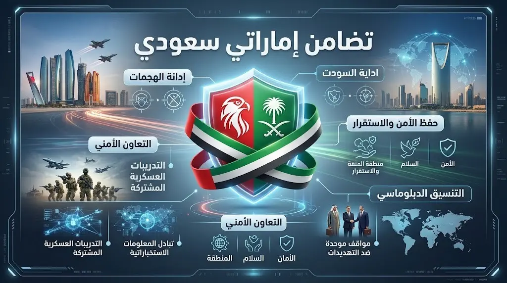 تصميم جرافيكي يبرز تضامن دولة الإمارات مع المملكة العربية السعودية، يحمل درعاً رمزياً بألوان علمي البلدين وعبارات التضامن وحفظ الأمن.