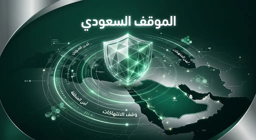 تصميم بصري درامي يعبر عن الحزم الدبلوماسي السعودي، يبرز درعاً حامياً كرمز للمطالبة بوقف الانتهاكات وحفظ أمن واستقرار المنطقة.