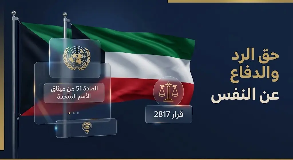 تصميم جرافيكي يبرز موقف وزارة الخارجية الكويتية وحقها في الرد وفقاً للمادة 51 من ميثاق الأمم المتحدة وقرار مجلس الأمن.