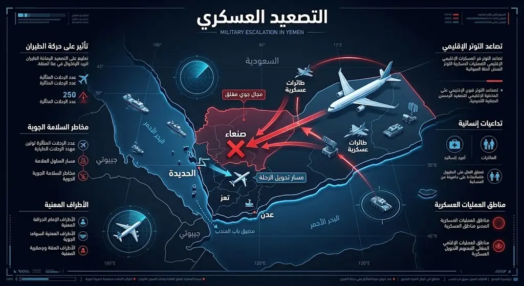 إنفوجرافيك خريطي يوضح تصعيد الأزمة وتغيير مسار الطائرة الإيرانية من مطار صنعاء إلى مطار الحديدة إثر قصف المدرج