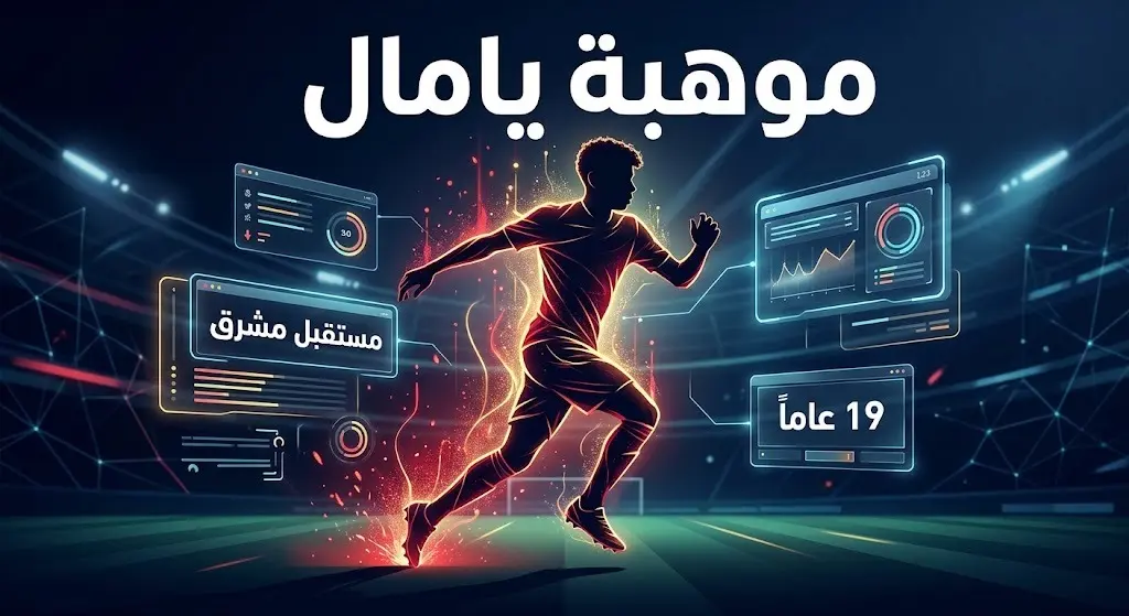 تصميم فني يبرز موهبة اللاعب لامين يامال مع عناصر بصرية مستقبلية وإحصائيات تبرز تألقه.