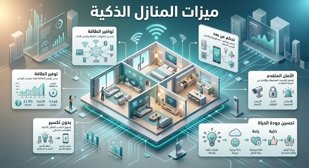 إنفوجرافيك احترافي يستعرض ميزات التحول للمنازل الذكية كالتواصل اللاسلكي والتحكم عن بعد دون الحاجة لتعديلات إنشائية.