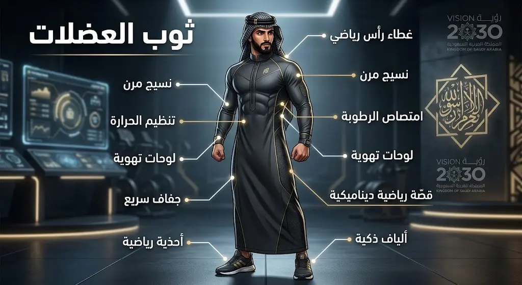 إنفوجرافيك يستعرض التصميم العصري لـ 'ثوب العضلات' والغترة الرياضية، موضحاً ميزات النسيج المرن وتقنية امتصاص الرطوبة.