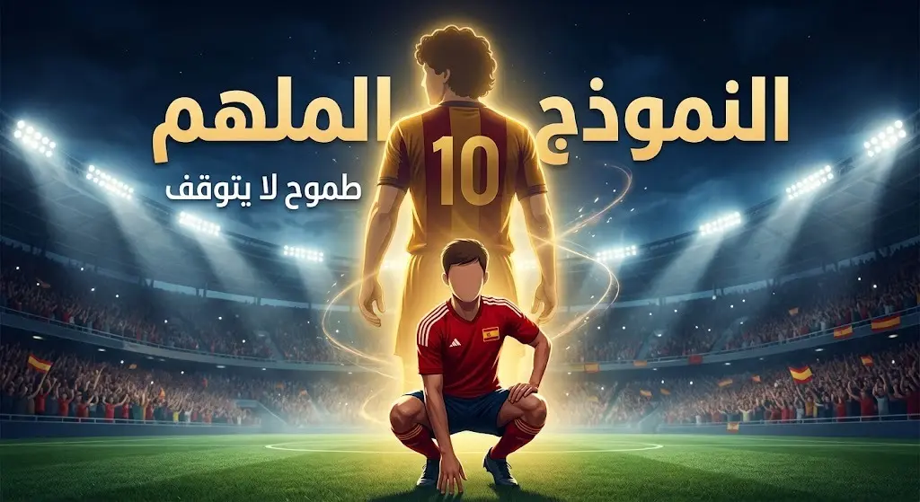 تصميم فني ملهم يظهر طيفاً للأسطورة ميسي كخلفية ملهمة للاعب شاب ينظر بطموح نحو المستقبل