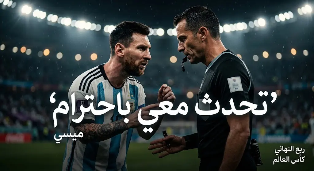 تصميم تحريري يبرز التوتر بين ميسي والحكم مع اقتباس لمقولة ميسي 'تحدث معي باحترام' وسط أجواء ملعب مشحونة بالانفعالات.