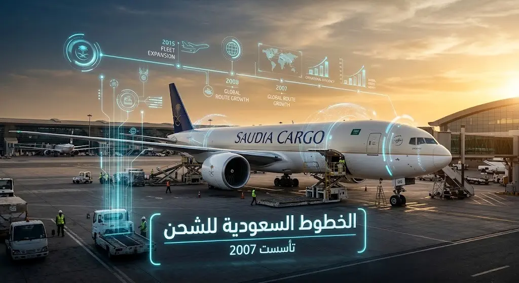 تصميم بصري يدمج طائرة شحن لشركة الخطوط السعودية للشحن مع بيانات لوجستية وتاريخ التأسيس