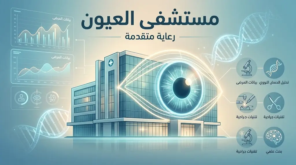 رسم تعبيري احترافي يجسد ريادة مستشفى الملك خالد التخصصي للعيون في مجال الرعاية والأبحاث الطبية.