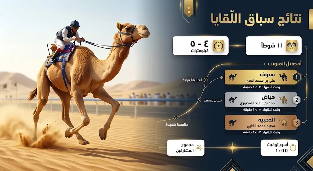 إنفوجرافيك رياضي احترافي يستعرض نتائج ومراكز أشواط سباق اللقايا في ميدان نجران للهجن.