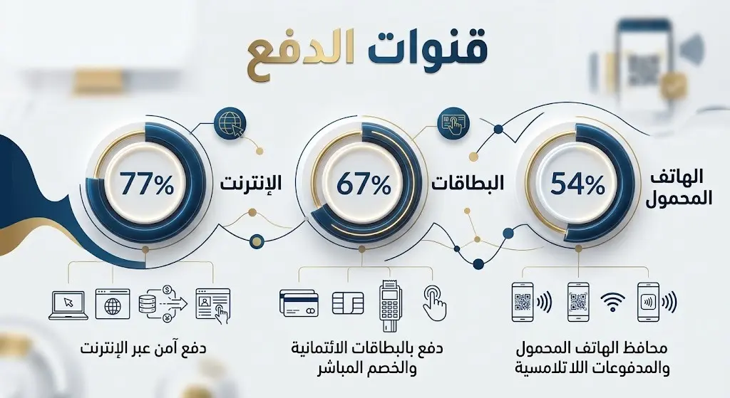 إنفوجرافيك يوضح نسب تبني قنوات الدفع المختلفة للشركات، حيث تتصدر المدفوعات عبر الإنترنت بنسبة 77% تليها مدفوعات البطاقات بنسبة 67%.