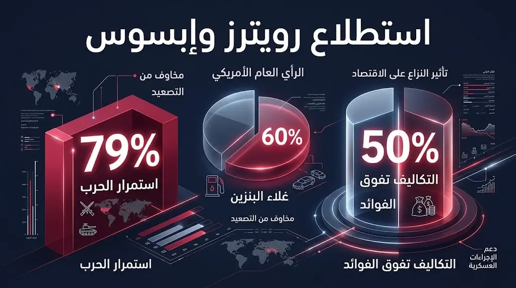 إنفوجرافيك بياني يوضح نتائج استطلاع رويترز وإبسوس حول توقعات الناخبين الأمريكيين للحرب وتأثيرها على أسعار البنزين.