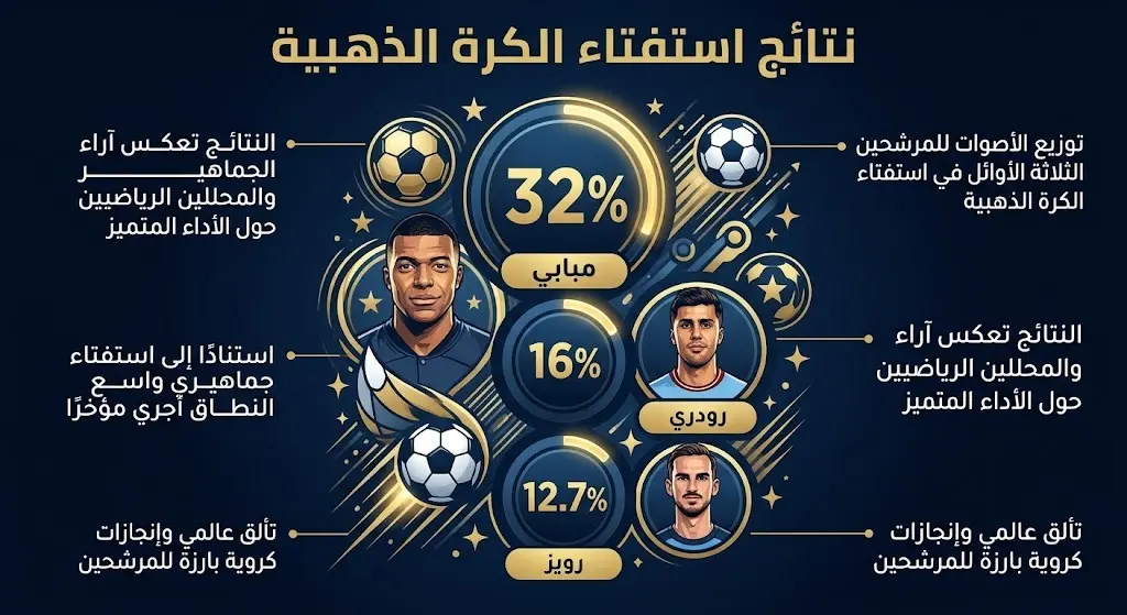 تصميم إنفوجرافيك يوضح نتائج استفتاء صحيفة ليكيب للمرشحين للكرة الذهبية لعام 2026، حيث يتصدر مبابي بنسبة 32% يليه رودري بنسبة 16% ثم فابيان رويز بنسبة 12.7%، بتصميم عصري وألوان جذابة.