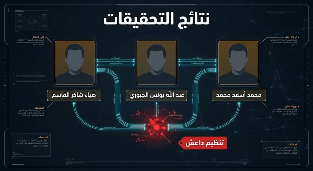 إنفوجرافيك أمني حديث يعرض نتائج التحقيقات، متضمناً أسماء الموقوفين الثلاثة وانتمائهم لتنظيم داعش وتفاصيل الخلية.