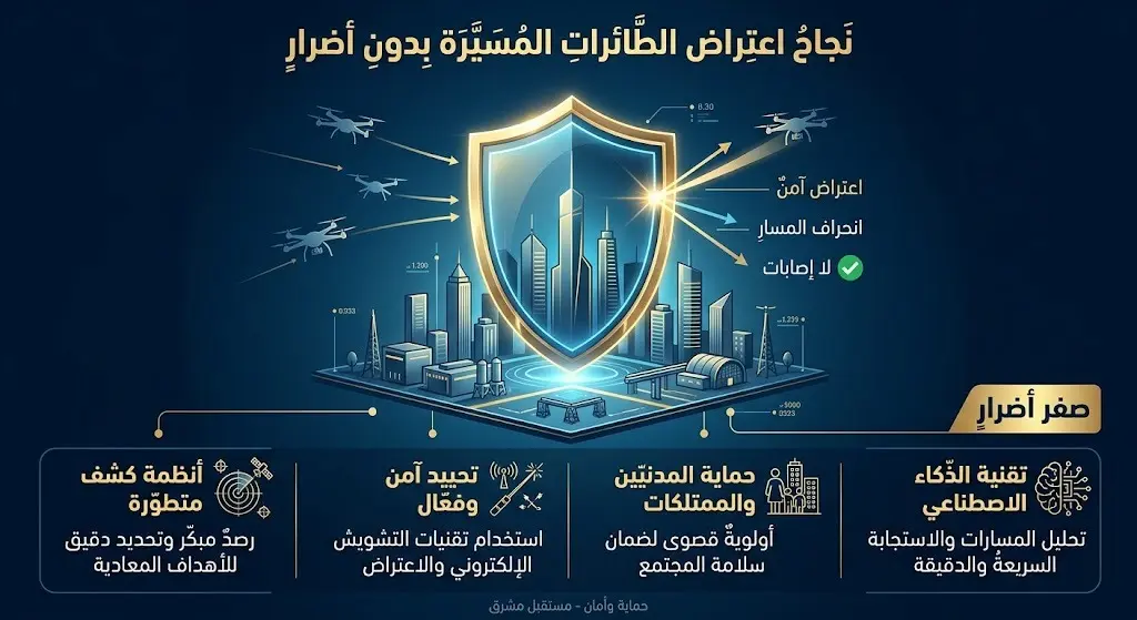 إنفوجرافيك احترافي يوضح نتائج التصدي للطائرات المسيّرة وتأمين الأجواء الأردنية دون وقوع أية إصابات أو أضرار.