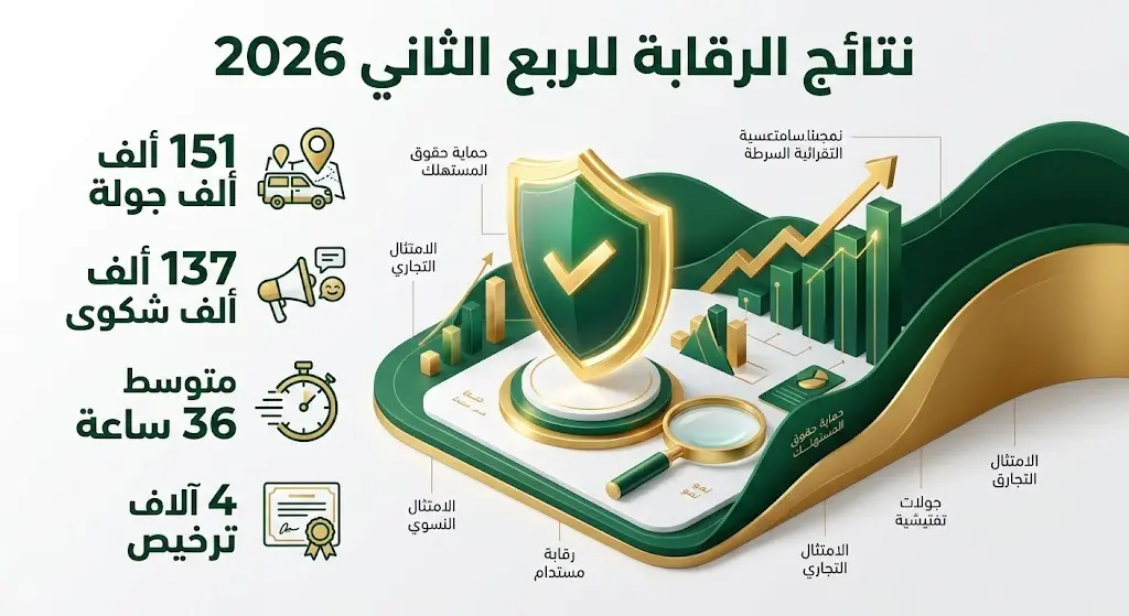 إنفوجرافيك عصري يستعرض نتائج الجولات الرقابية لوزارة التجارة السعودية في الربع الثاني من عام 2026، موضحاً أرقام الجولات التفتيشية وسرعة معالجة شكاوى المستهلكين.