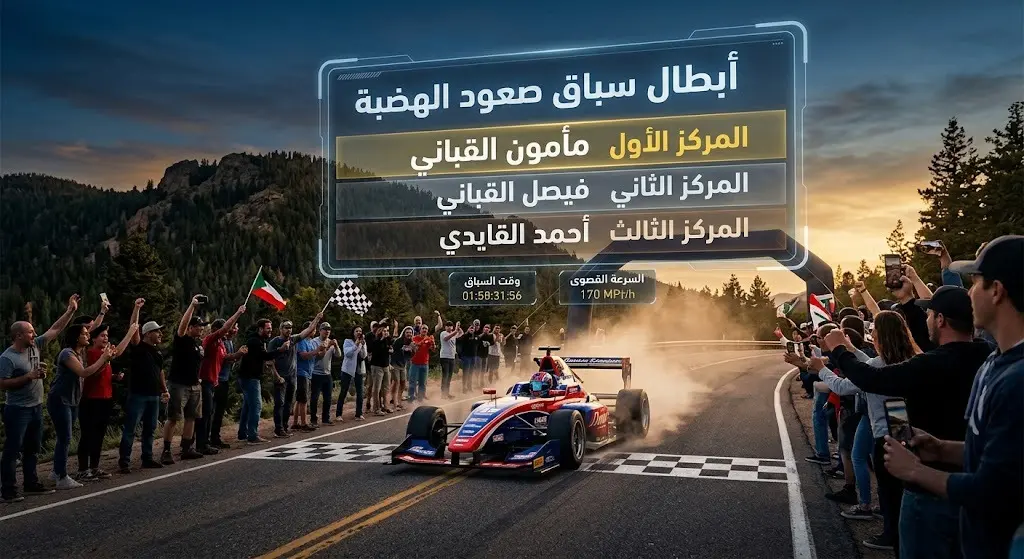 تصميم رياضي مبتكر يعرض أسماء الفائزين بالمراكز الثلاثة الأولى في الجولة الافتتاحية لسباق صعود الهضبة.