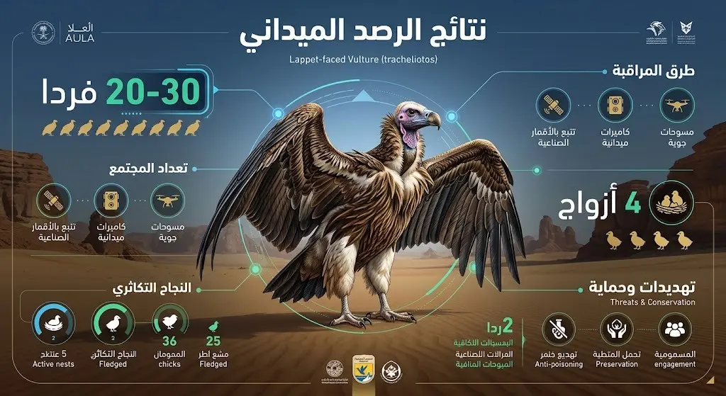 إنفوجرافيك احترافي يعرض إحصائيات رصد نسر الأذون في محافظة العُلا، يتوسطه رسم دقيق للنسر مع بيانات توضح أعداد الأفراد والأزواج المتكاثرة بتصميم عصري.