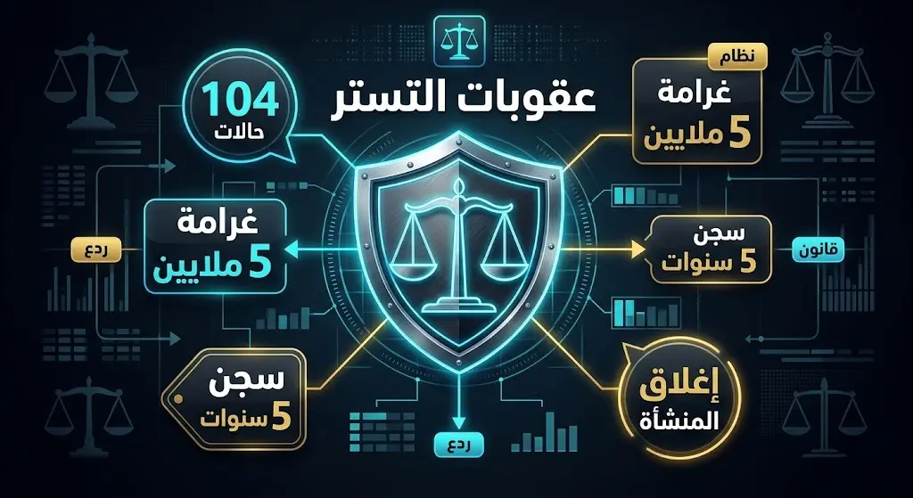 تصميم بياني يوضح أرقام الضبط والعقوبات الصارمة لمخالفات التستر التجاري بما فيها السجن والغرامات.