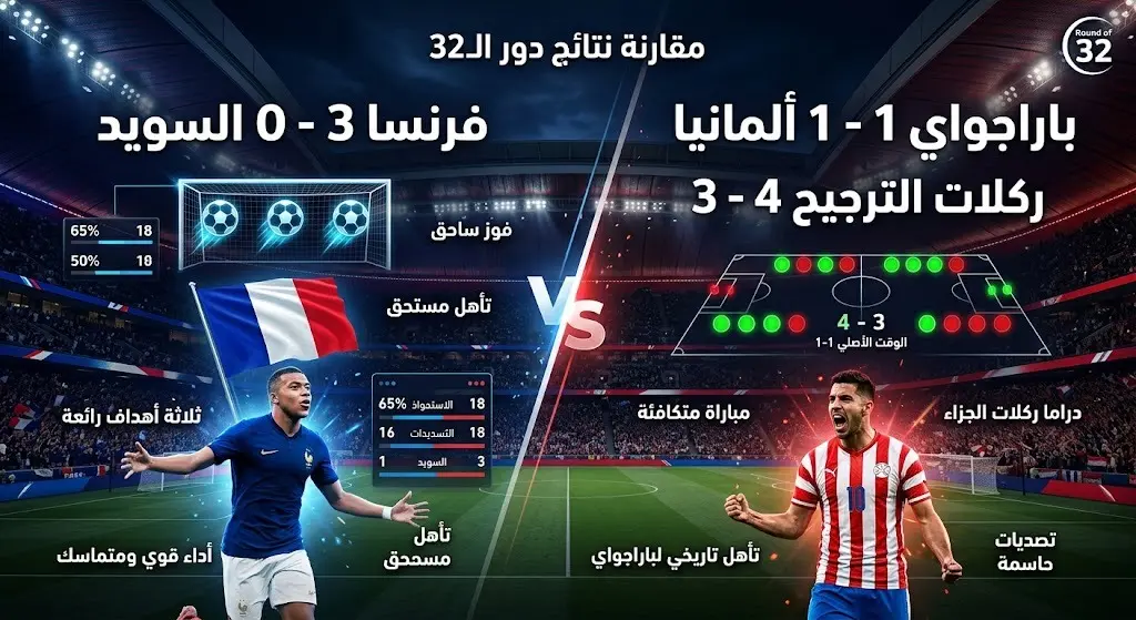 إنفوجرافيك يوضح نتائج فرنسا وباراجواي في دور الـ32، حيث فازت فرنسا على السويد بثلاثية نظيفة، وتخطت باراجواي ألمانيا بركلات الترجيح.