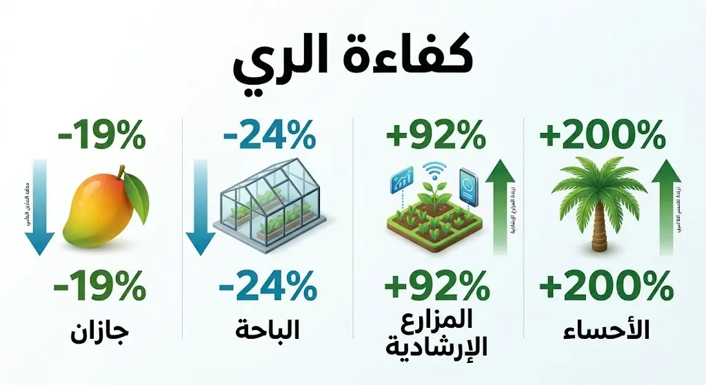 إنفوجرافيك يوضح نتائج مبادرات كفاءة الري في السعودية، بما في ذلك انخفاض استهلاك المياه في مزارع جازان والباحة وزيادة كفاءة المزارع الإرشادية وأرباح مزارع الأحساء.