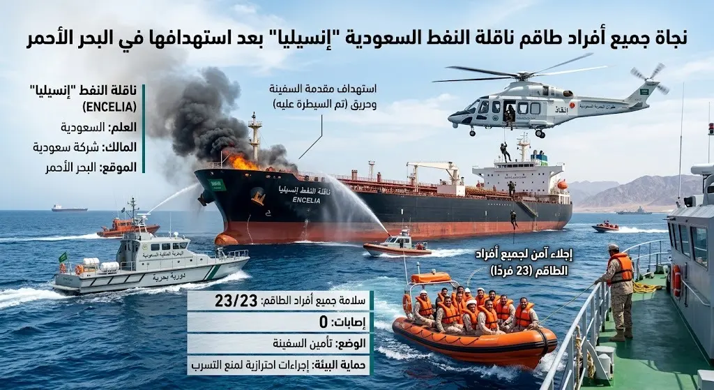نجاة جميع أفراد طاقم ناقلة النفط السعودية إنسيليا بعد استهدافها في البحر الأحمر