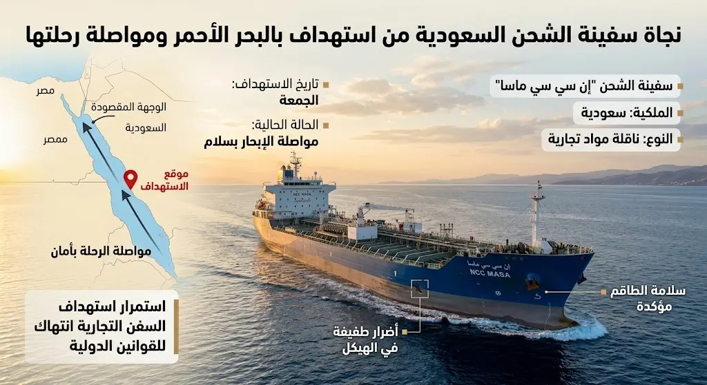 نجاة سفينة الشحن السعودية من استهداف في البحر الأحمر ومواصلة رحلتها بأمان بعد أضرار طفيفة