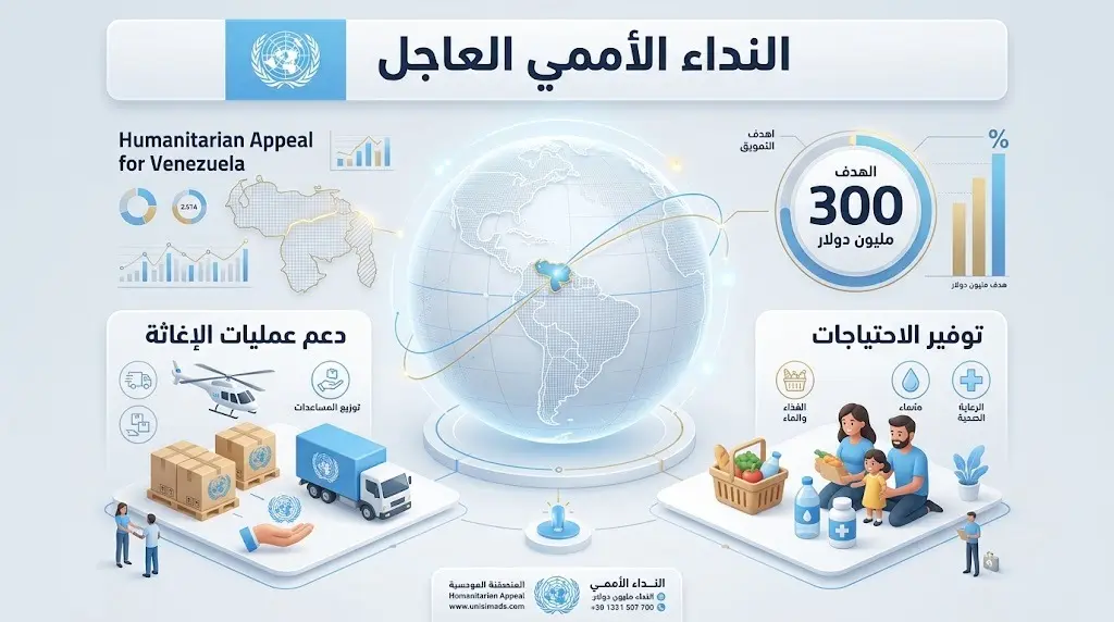 تصميم معلوماتي يبرز النداء العاجل للأمم المتحدة لجمع 300 مليون دولار لتمويل جهود الإغاثة وتوفير الاحتياجات العاجلة في فنزويلا.