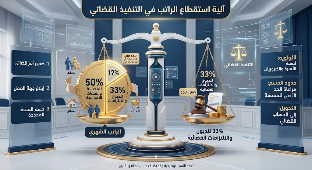 تصميم إنفوجرافيك يوضح نسب استقطاع الراتب في قضايا النفقة والديون والحد الأدنى المضمون للمعيشة
