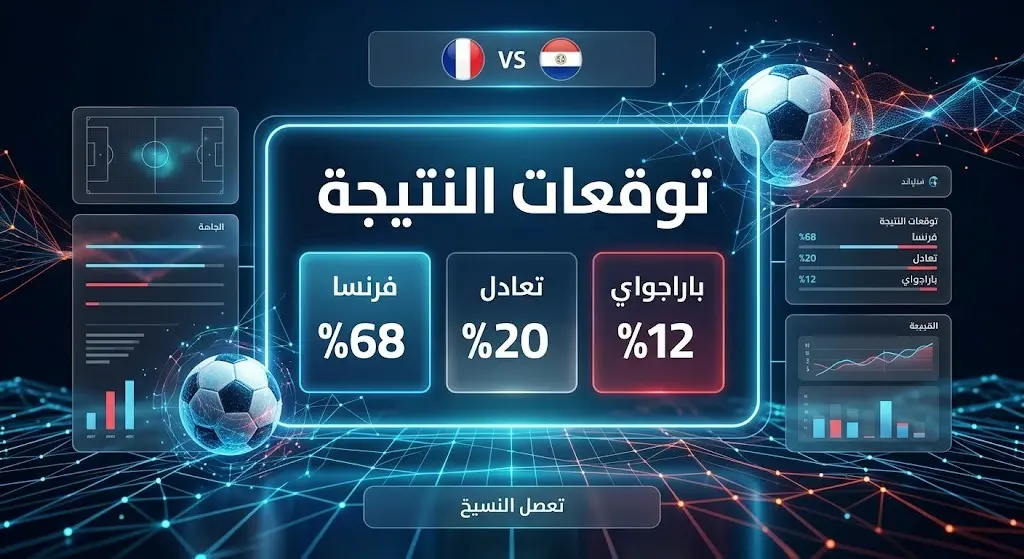 إنفوجرافيك يوضح نسب توقعات الذكاء الاصطناعي لنتيجة مباراة فرنسا وباراجواي، حيث تبلغ نسبة فوز فرنسا 68%، والتعادل 20%، وفوز باراجواي 12%.