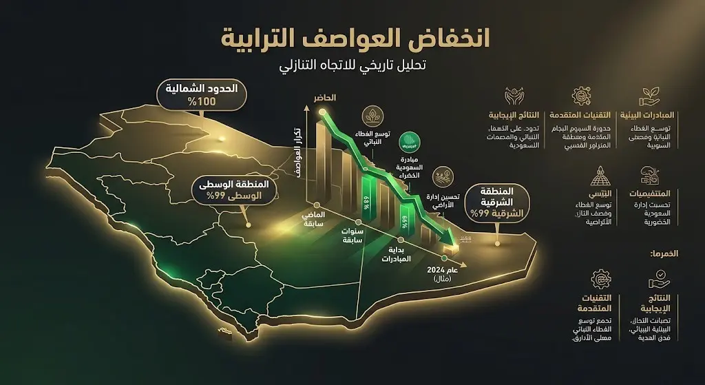 إنفوجرافيك يوضح نسب الانخفاض التاريخي للعواصف الترابية في مناطق السعودية، حيث بلغت 100% في الحدود الشمالية و99% في الوسطى والشرقية.