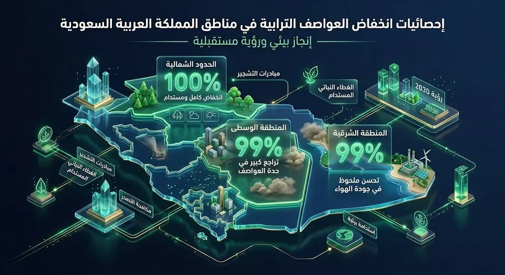 إنفوجرافيك يستعرض نسب انخفاض العواصف الغبارية في مناطق السعودية، مبرزاً تحقيق الحدود الشمالية نسبة 100% والمنطقتين الوسطى والشرقية 99%.