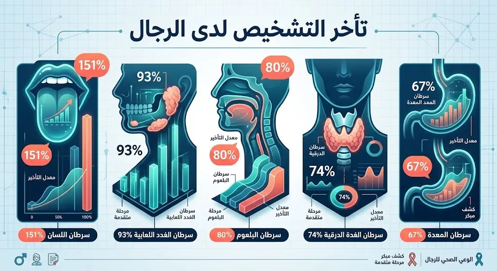 إنفوجرافيك طبي يوضح نسب تأخر تشخيص أنواع السرطان المختلفة لدى الرجال مقارنة بالنساء، مسلطاً الضوء على سرطانات اللسان والغدد اللعابية.