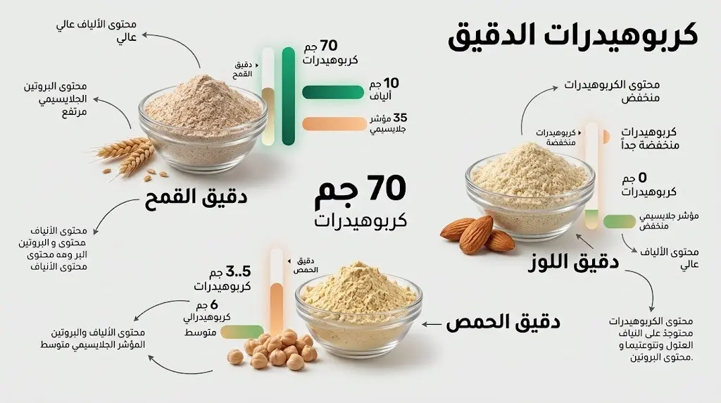 إنفوجرافيك يقارن بين أنواع الدقيق المختلفة مثل القمح واللوز والحمص والمحتوى الكربوهيدراتي لكل منها.