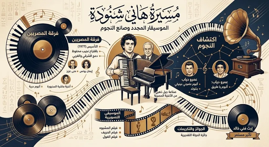 إنفوجرافيك يستعرض المحطات الرئيسية في مسيرة الموسيقار هاني شنودة وتأسيسه لفرقة المصريين واكتشافه لنجوم الغناء.