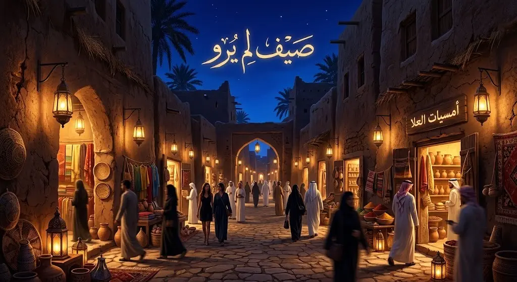 مشهد مسائي نابض بالحياة لأزقة البلدة القديمة المضاءة في العلا، يجسد الأجواء الصيفية المعتدلة والأنشطة السياحية وحملة صيف لم يرو.
