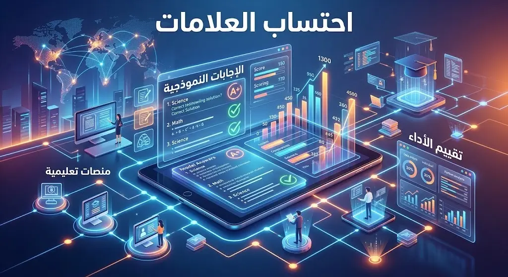 تصميم يبرز دور المنصات التعليمية في نشر الإجابات النموذجية لمساعدة طلبة التوجيهي على احتساب علاماتهم