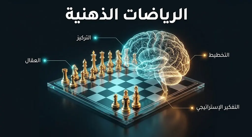تصميم فني حديث يدمج بين رقعة الشطرنج وتكوين رقمي مضيء للعقل البشري، مع نصوص عربية تسلط الضوء على فوائد الرياضات الذهنية مثل التركيز والتخطيط.