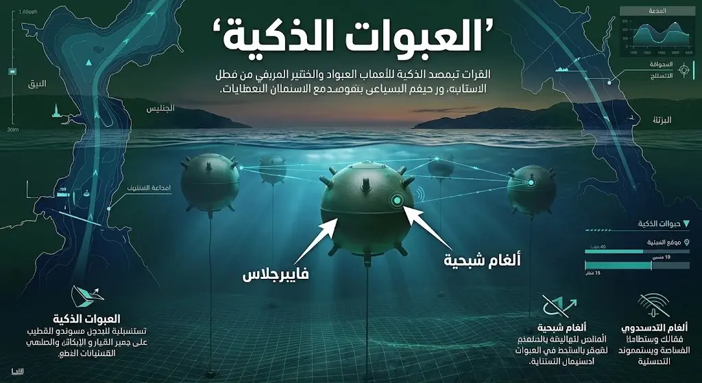 تصميم ثلاثي الأبعاد يعرض العبوات البحرية الذكية المصنوعة من الفايبرجلاس التي نُشرت في مضيق هرمز.