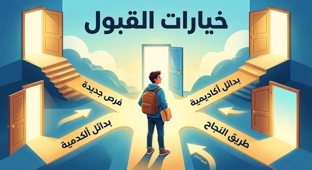 تصميم إبداعي يوضح مسارات وخيارات متعددة للطالب الجامعي مع نصوص عربية تحفيزية