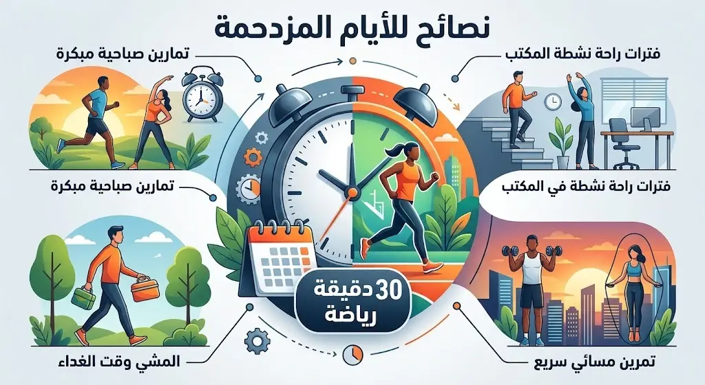 تصميم إنفوجرافيك يوضح أهمية تخصيص 30 دقيقة للرياضة خلال الأيام المزدحمة بالأعمال لتجديد النشاط.