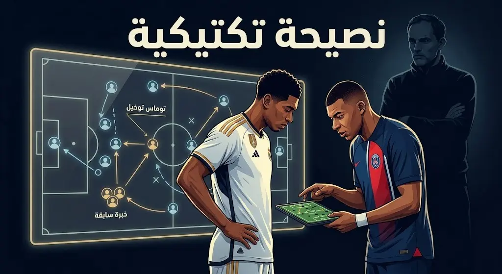 رسم تعبيري يظهر تواصل جود بيلينغهام مع كيليان مبابي للحصول على مشورة تكتيكية للتعامل مع المدرب توماس توخيل.