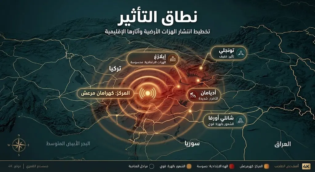 خريطة توضيحية لمركز زلزال بطال غازي وامتداد تأثير الهزة للمحافظات المجاورة التي شعرت بها دون أضرار.