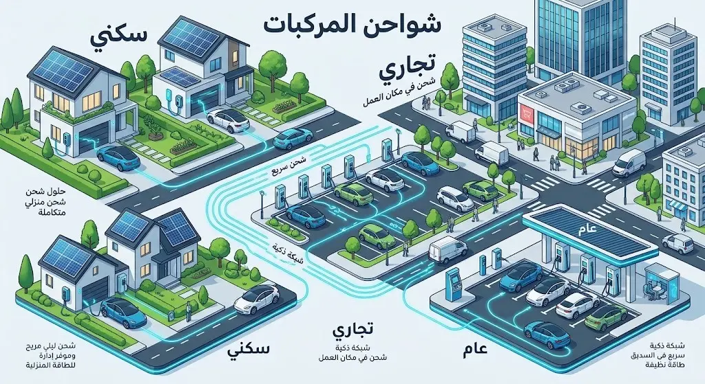 رسم إنفوجرافيك ثلاثي الأبعاد يوضح توزيع شواحن المركبات الكهربائية بنوعيها المتردد والمستمر على القطاعات السكنية والتجارية والعامة.
