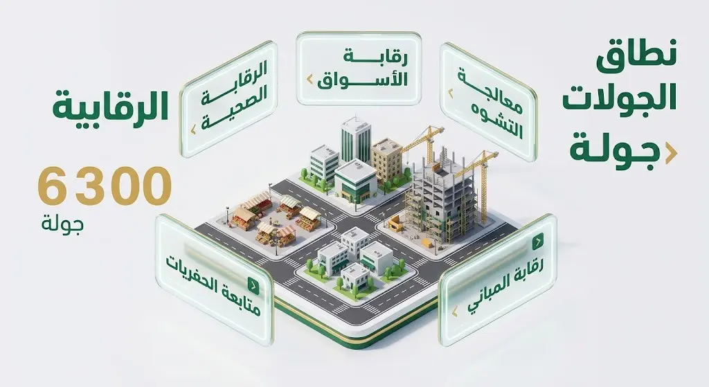 إنفوجرافيك يوضح مسارات الجولات الرقابية لبلدية البكيرية والتي تشمل الرقابة الصحية والأسواق ومعالجة التشوه البصري ومتابعة الحفريات والمباني بإجمالي 6300 جولة.