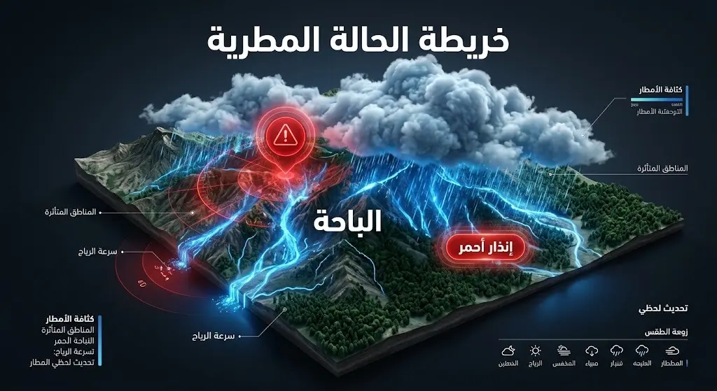 خريطة إنفوجرافيك ثلاثية الأبعاد توضح نطاق الحالة المطرية على منطقة الباحة والمحافظات التابعة لها مع إبراز علامة الإنذار الأحمر.