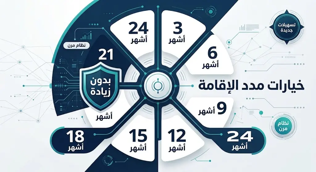 تصميم بياني يعرض خيارات مدد الإقامة المتنوعة التي تبدأ من 3 أشهر حتى 24 شهراً، مع إبراز ميزة عدم وجود رسوم إضافية