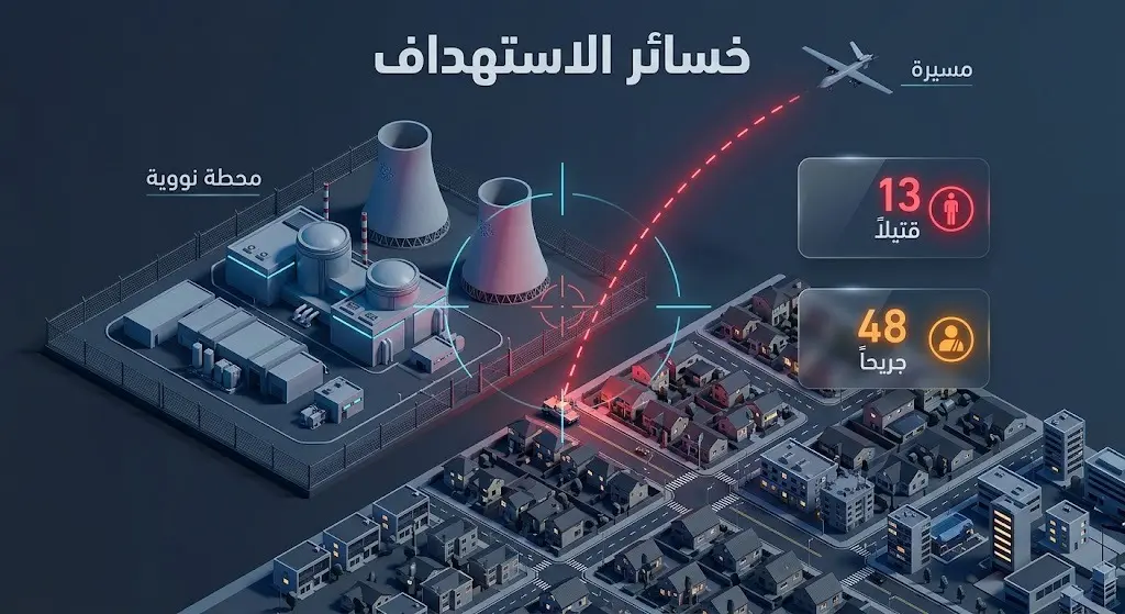 إنفوجرافيك ثلاثي الأبعاد يوضح تكتيكات الاستهداف بالطائرات المسيرة لمحيط منشأة نووية، مع لوحات بيانات تبرز حصيلة الخسائر البشرية.