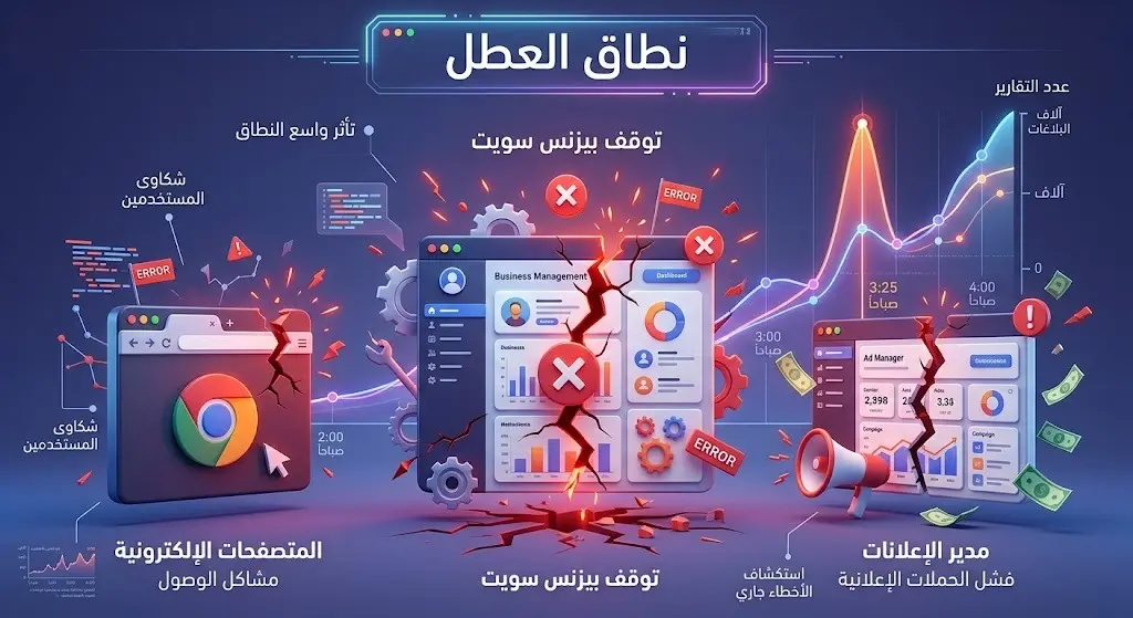 إنفوجرافيك احترافي يعرض تأثير العطل على منصات التواصل وأدوات الأعمال مع رسم بياني لتزايد البلاغات.