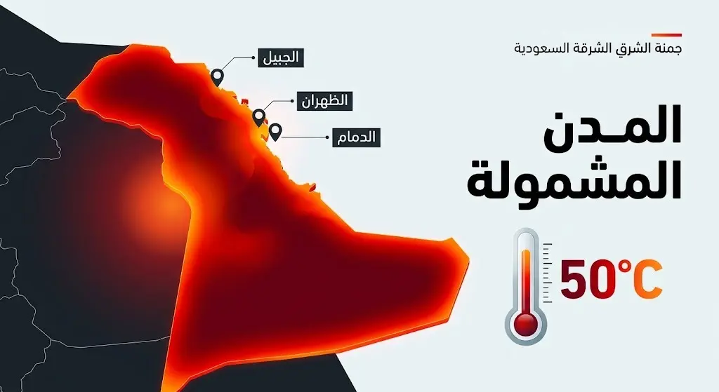 خريطة إنفوجرافيك للمنطقة الشرقية تبرز باللون الأحمر الداكن المدن المتأثرة بالموجة الحارة وتظهر درجات الحرارة التي تلامس 50 درجة مئوية.