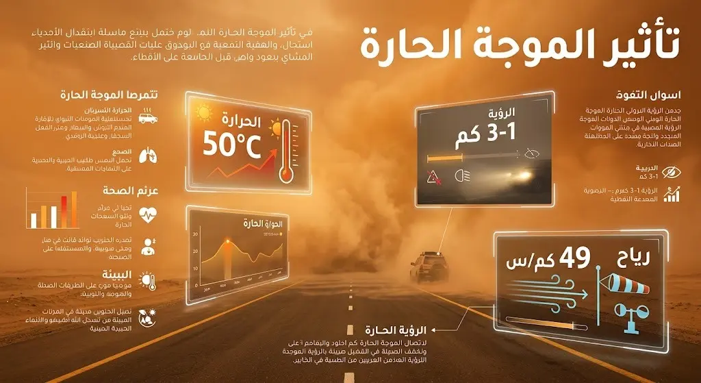 إنفوجرافيك يوضح تأثيرات الموجة الحارة وتدني الرؤية الأفقية وسرعة الرياح في المنطقة الشرقية